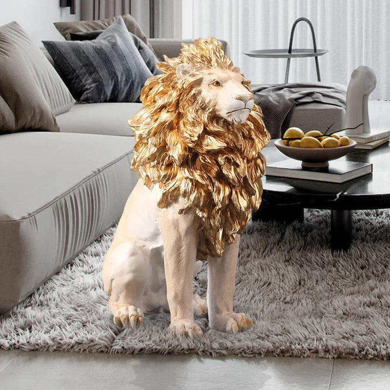 52cm Large Scale Landing Modern Golden Lion Resin Statue Home Living Room Decoration Art Sculpture Indoor Luxury Model Ornaments