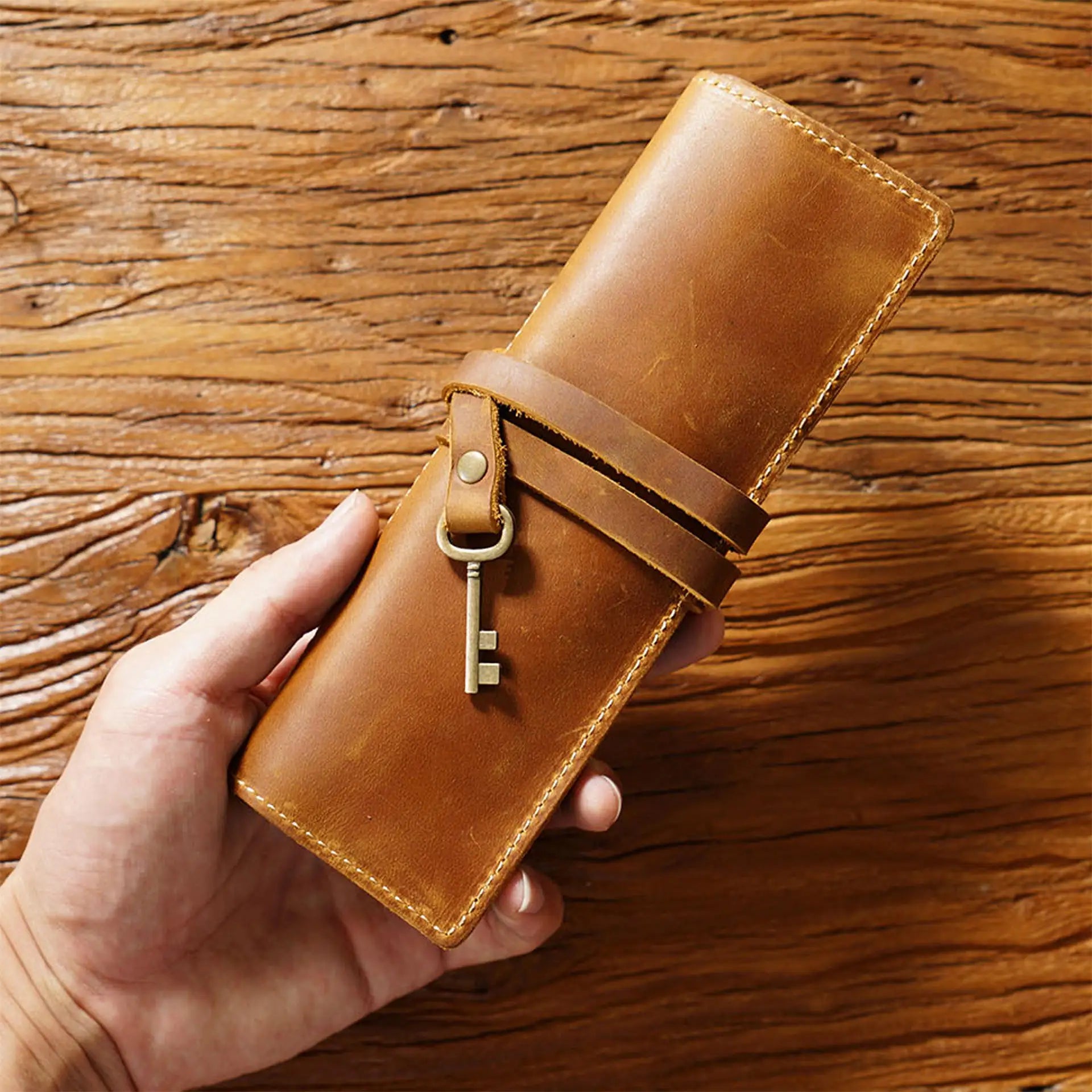Vintage Cowhide Roll-Up Pencil Case with Triple Clip, Handmade Multi-Functional Genuine Leather Stationery Holder, 18.5x6.5x2cm,