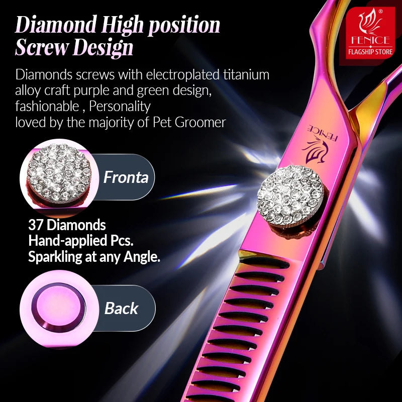 Fenice 7.25 Inch Professional Diamonds Screw Curved Chunker Scissors Pet Grooming Shears JP440C Thinner Shears for Dogs