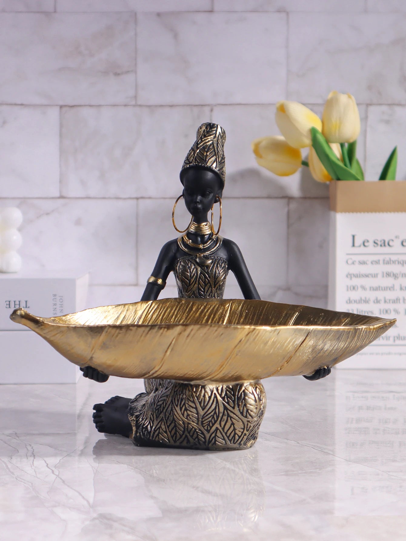 1PC African Girl Holding a Plate Sculpture, Home and Office Decorative Storage Ornament, Vintage Collectible Craft Deskt Decor