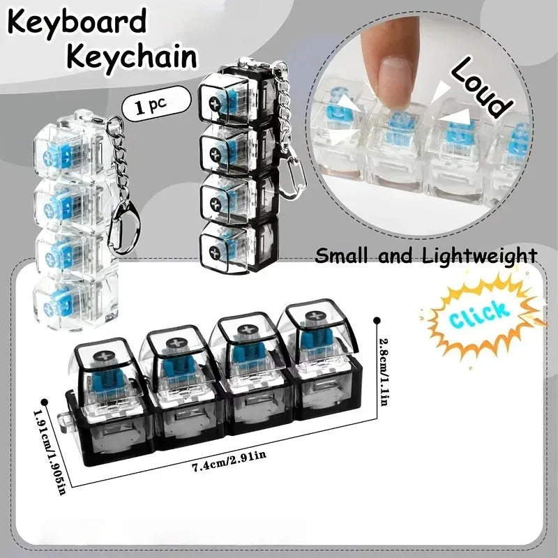Mechanical Keyboard Keychain LED Light Up Fidget Toy 4 Switches Clicky Sound Stress Relief Keyring Cool Gamer Gift ForBoysGirls
