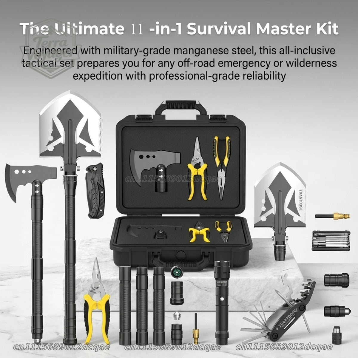 High Performance Survival Shovel and Tactical Axe Multitool Set 11-in-1 Heavy Duty Camping Gear Kit with Folding Shovel Hatchet