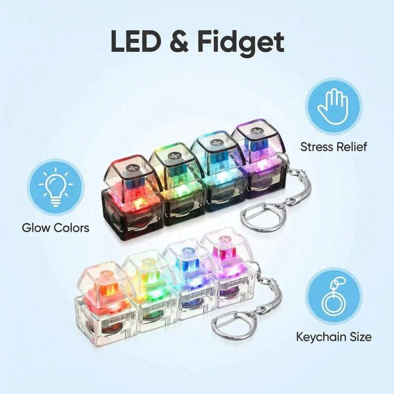 Mechanical Keyboard Keychain LED Light Up Fidget Toy 4 Switches Clicky Sound Stress Relief Keyring Cool Gamer Gift ForBoysGirls