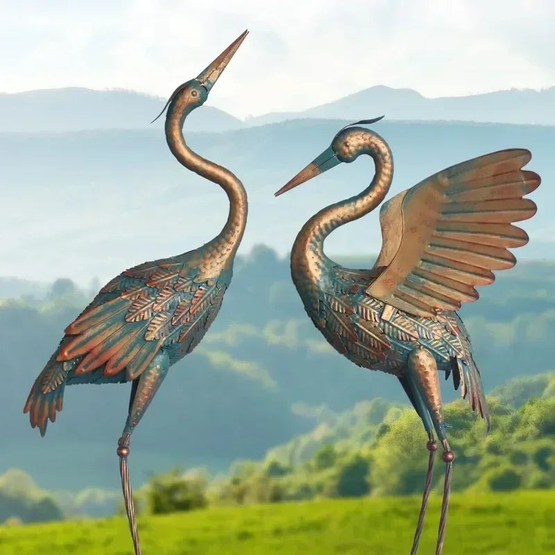38cm A Pair Red-crowned Crane Metal Sculpture Bird Statue Outdoor Yard Pond Lawn Backyard Garden Decor Ornament