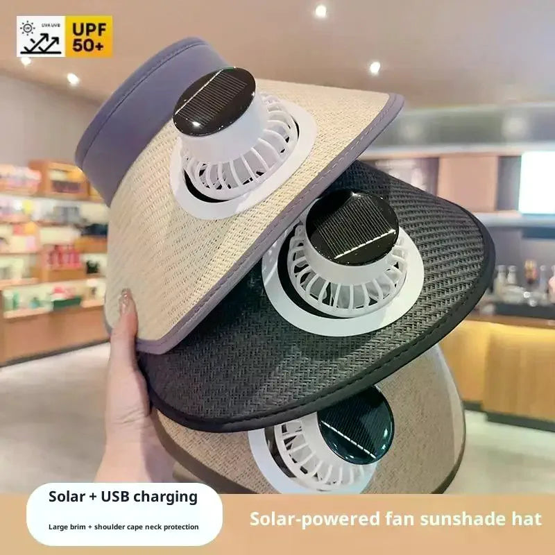 UV Protection Solar-powered Fan Hat Super Large Brim Adjustable Fishing Hat Lightweight With Shawl Sun Protection Hat