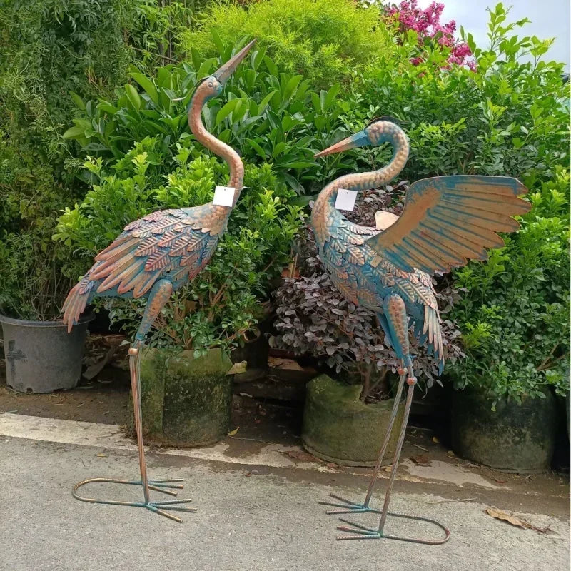 38cm A Pair Red-crowned Crane Metal Sculpture Bird Statue Outdoor Yard Pond Lawn Backyard Garden Decor Ornament