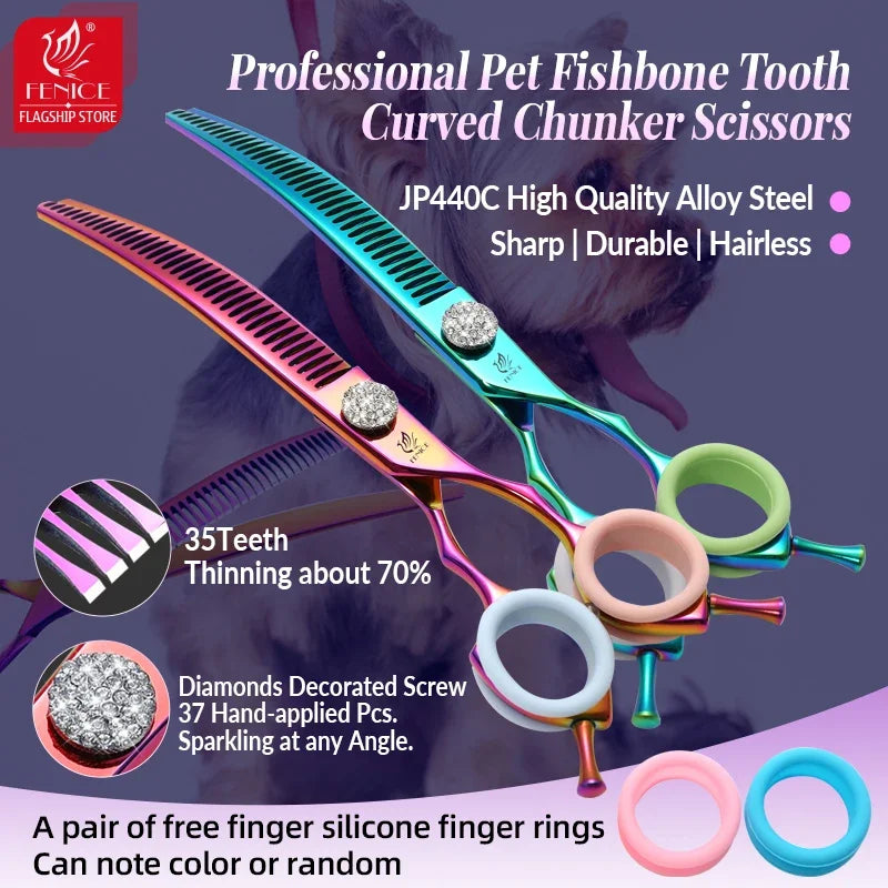 Fenice 7.25 Inch Professional Diamonds Screw Curved Chunker Scissors Pet Grooming Shears JP440C Thinner Shears for Dogs