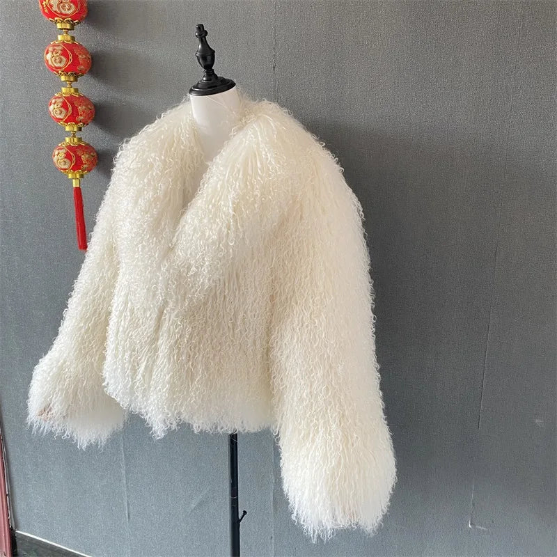 Mongolian Fur Coats Fur Lapel Jacket Women Elegant White Fluffy Solid Thicken Warm Long Sleeves Coats Winter Chic Oversize Lady