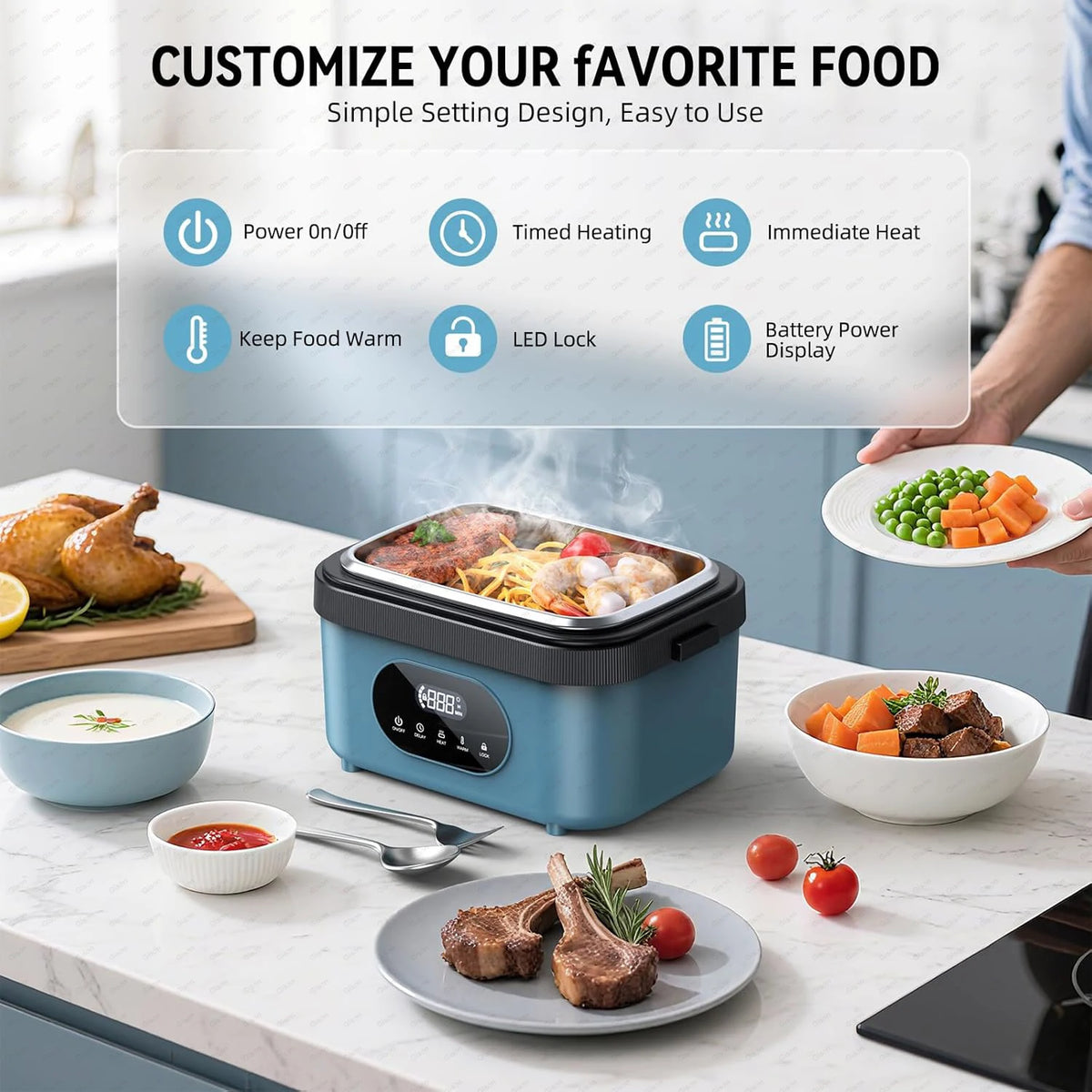 Gison Electric Heated Lunch Box Food Warmer 1.5L 60W Outdoor Camping Bento Picnic Portable Food Heater CarHome Leak Proof Heated