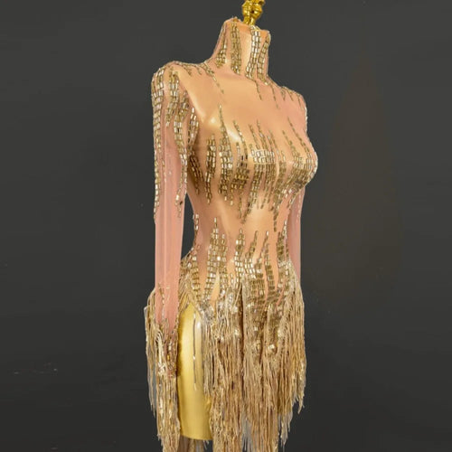Luxury Golden Silver Rhinestone Tassel Dress For Party Birthday Banquet Host Stage Performance Latin Dance Costume For Women