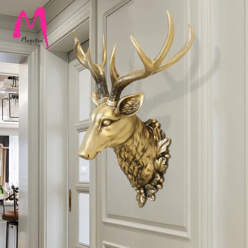 MGT-Big Deer Head Statue Decoration Accessories 3D Animal Abstract Sculpture Wall Hang Decor, Christmas Statue Living Room Mural