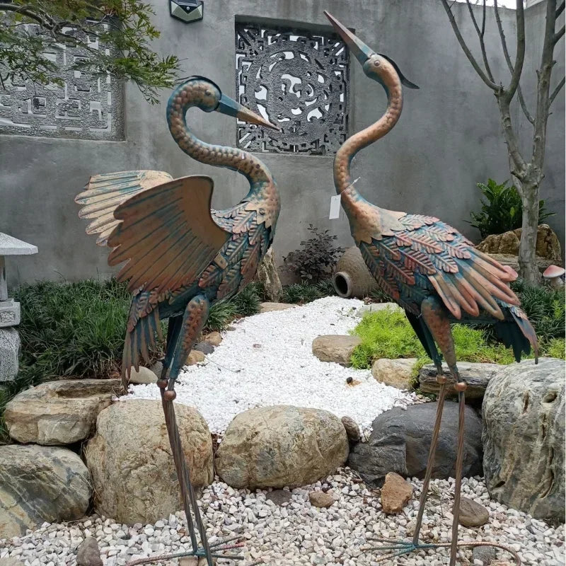 38cm A Pair Red-crowned Crane Metal Sculpture Bird Statue Outdoor Yard Pond Lawn Backyard Garden Decor Ornament