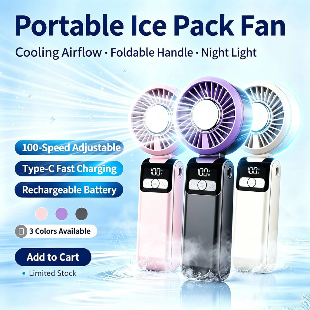 Summer Portable Fan Semiconductor Handheld Folding Cooling Fan with Ice Cooling 3.7V 100 Wind Speeds LED Display with Lanyard