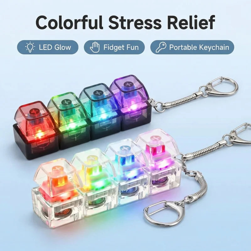 Mechanical Keyboard Keychain LED Light Up Fidget Toy 4 Switches Clicky Sound Stress Relief Keyring Cool Gamer Gift ForBoysGirls
