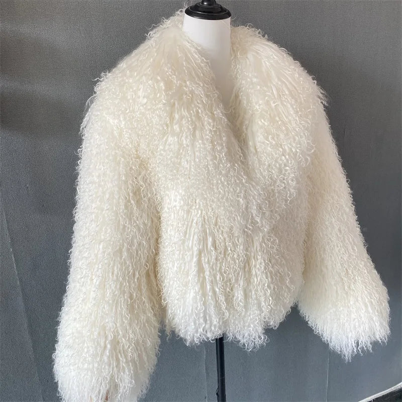 Mongolian Fur Coats Fur Lapel Jacket Women Elegant White Fluffy Solid Thicken Warm Long Sleeves Coats Winter Chic Oversize Lady