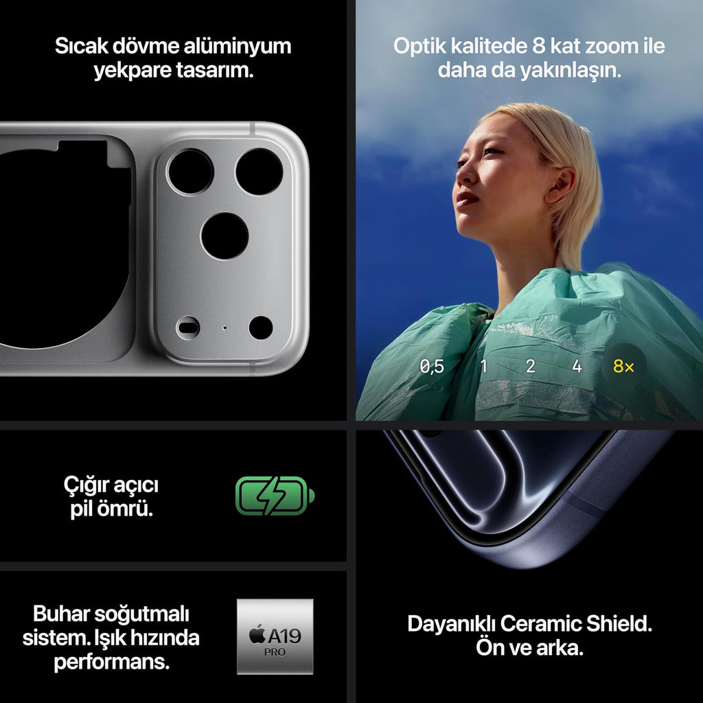 Apple iPhone 17 Pro 512 GB: 120 Hz’e kadar ProMotion teknolojisine sahip 6.3 inç ekran, A19 Pro Çip, Çığır Açıcı Pil Ömrü, Center Stage Ön Kamera özellikli Pro Fusion Kamera Sistemi; Gümüş Rengi