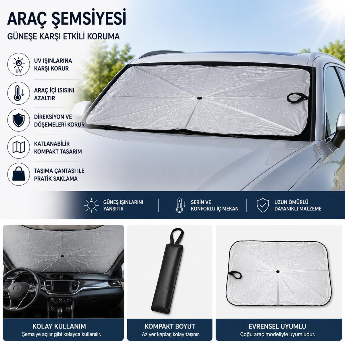 ARVALE Katlanabilir Araç Ön Cam Güneşlik Şemsiyesi UV Korumalı