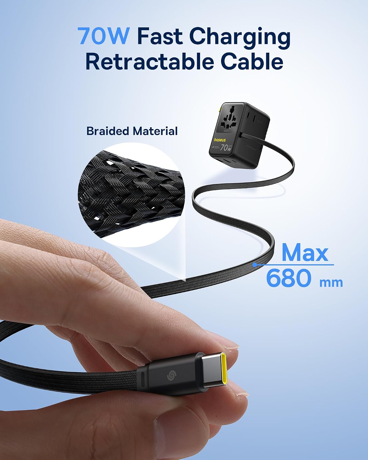 Baseus Enercore Evrensel Priz Adaptörü 70W Geri Çekilebilir Kablolu, 2 AC Prizi + 2USB-A + 1USB-C ile Uluslararası Seyahat Şarj Cihazı, ABD, İngiltere, Çin, Japonya, Tayland ile Uyumlu