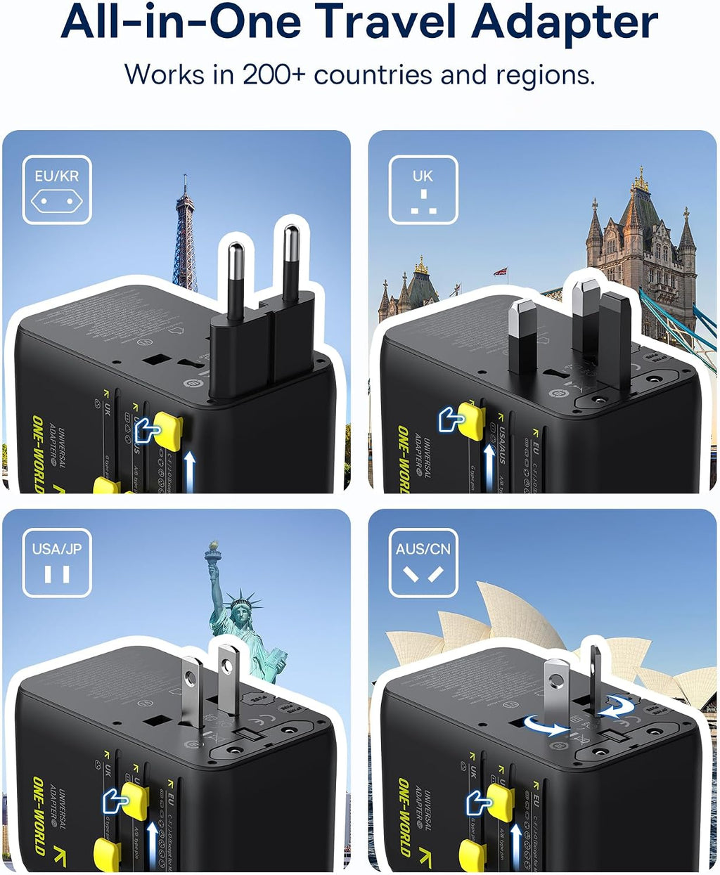 Baseus Enercore Evrensel Priz Adaptörü 70W Geri Çekilebilir Kablolu, 2 AC Prizi + 2USB-A + 1USB-C ile Uluslararası Seyahat Şarj Cihazı, ABD, İngiltere, Çin, Japonya, Tayland ile Uyumlu