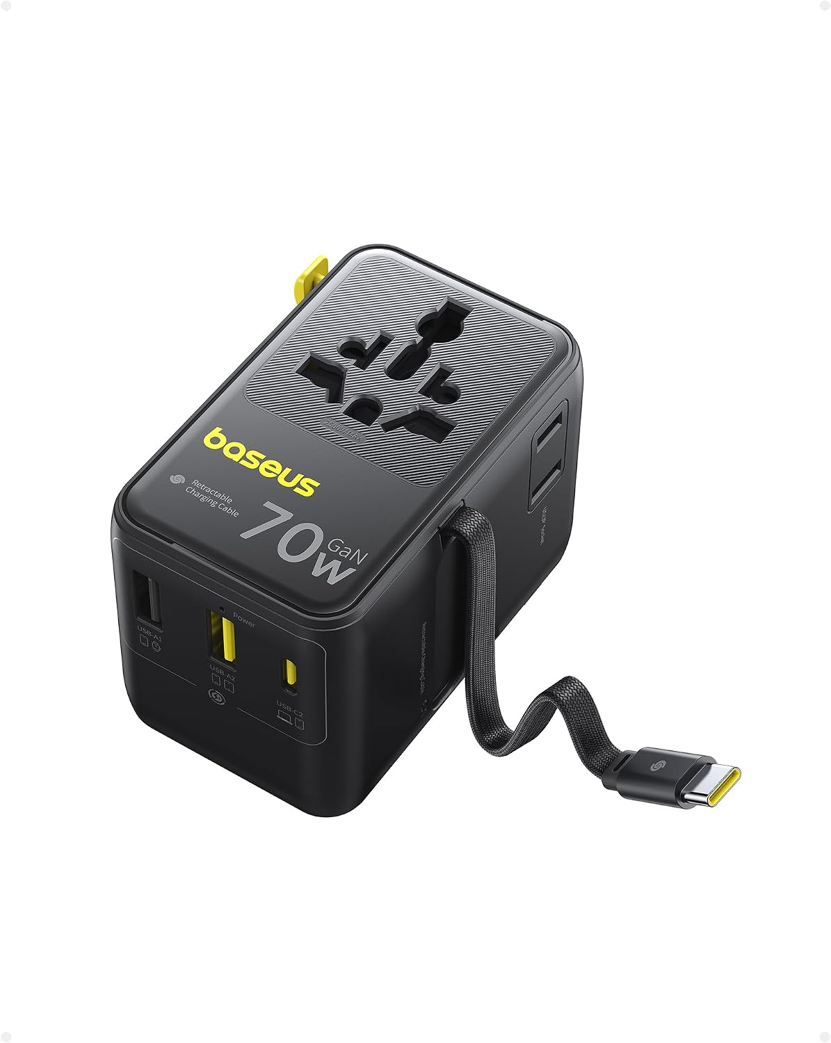 Baseus Enercore Evrensel Priz Adaptörü 70W Geri Çekilebilir Kablolu, 2 AC Prizi + 2USB-A + 1USB-C ile Uluslararası Seyahat Şarj Cihazı, ABD, İngiltere, Çin, Japonya, Tayland ile Uyumlu