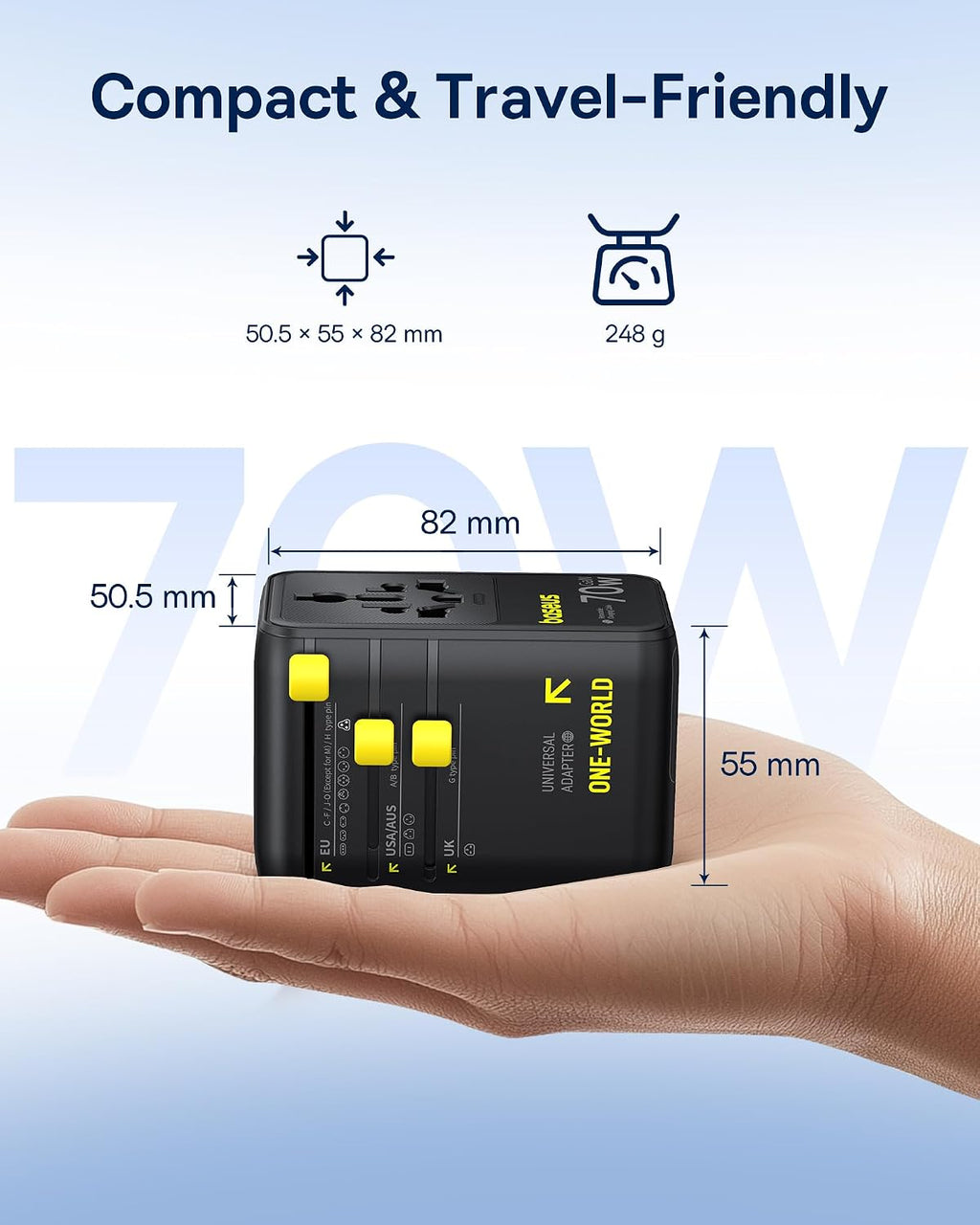 Baseus Enercore Evrensel Priz Adaptörü 70W Geri Çekilebilir Kablolu, 2 AC Prizi + 2USB-A + 1USB-C ile Uluslararası Seyahat Şarj Cihazı, ABD, İngiltere, Çin, Japonya, Tayland ile Uyumlu
