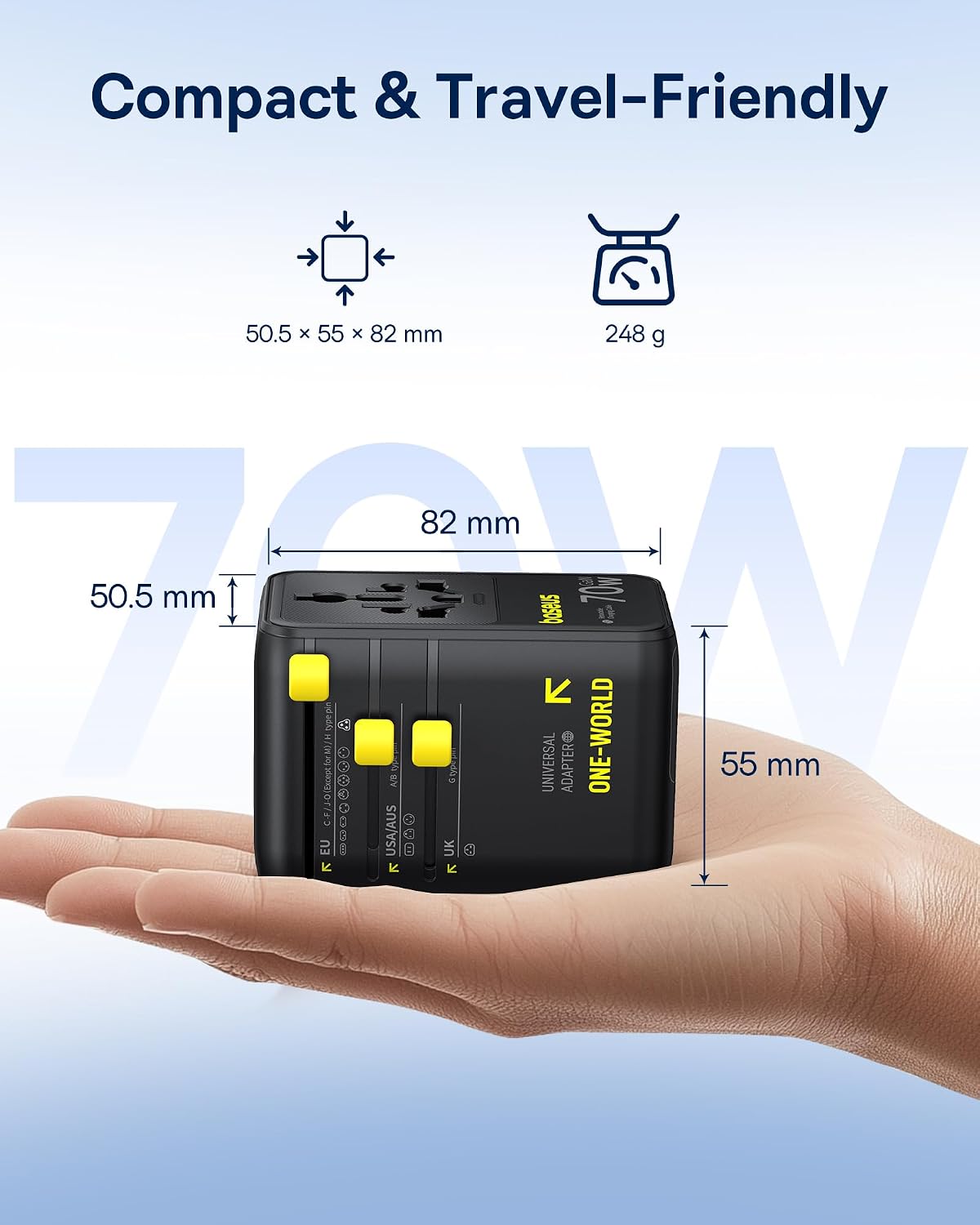 Baseus Enercore Evrensel Priz Adaptörü 70W Geri Çekilebilir Kablolu, 2 AC Prizi + 2USB-A + 1USB-C ile Uluslararası Seyahat Şarj Cihazı, ABD, İngiltere, Çin, Japonya, Tayland ile Uyumlu