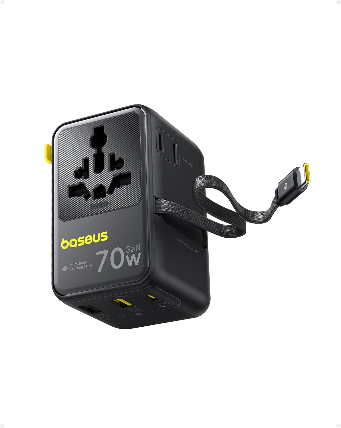 Baseus Enercore Evrensel Priz Adaptörü 70W Geri Çekilebilir Kablolu, 2 AC Prizi + 2USB-A + 1USB-C ile Uluslararası Seyahat Şarj Cihazı, ABD, İngiltere, Çin, Japonya, Tayland ile Uyumlu