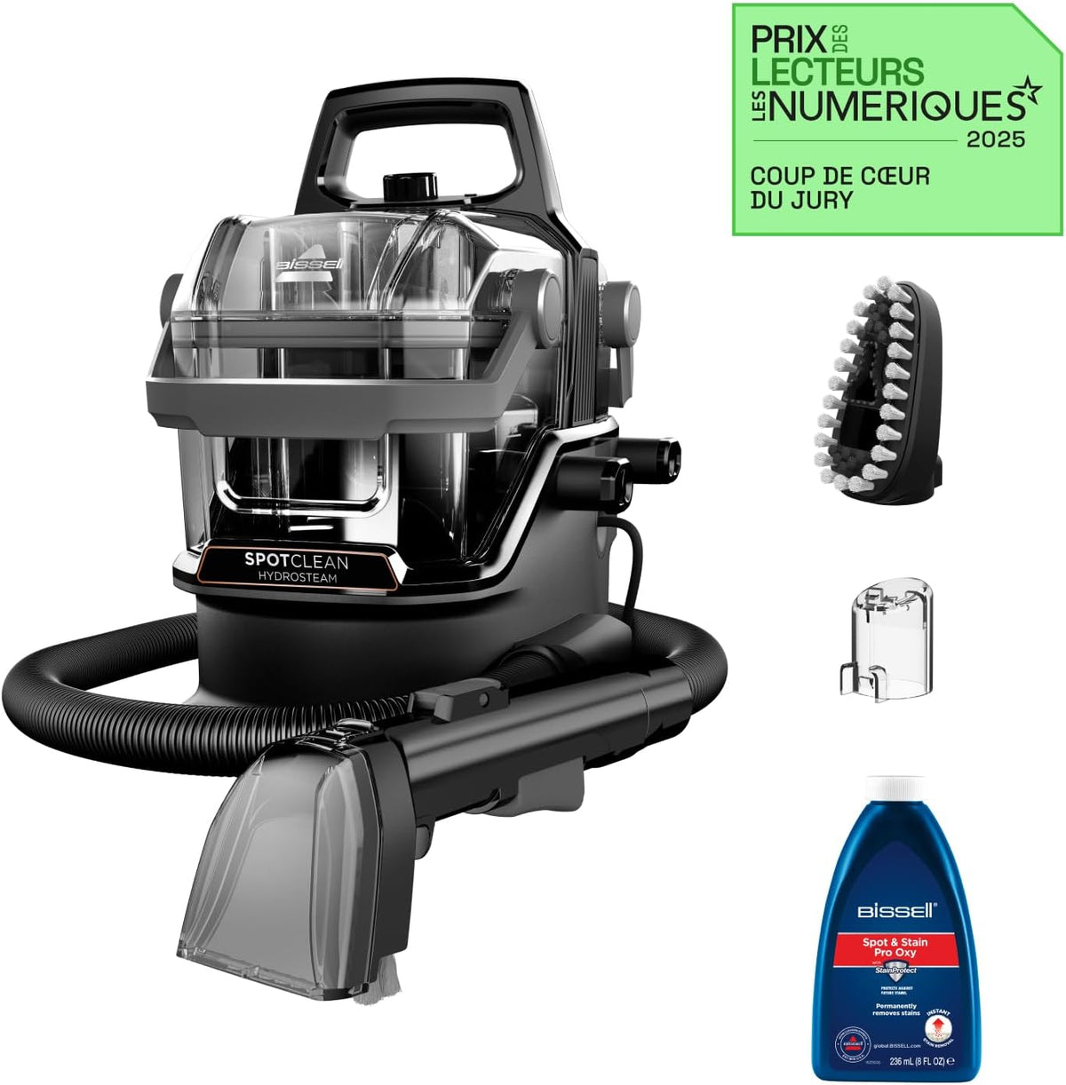 BISSELL SpotClean® HydroSteam™ | Leke Temizleyici | HydroSteam™ Teknolojisi | Buharlama, Fırçalama, Vakumlama | Kilim, Halı ve Daha Fazlası İçin | 3689N, Siyah/Orta Soğuk Gri/Bakır Liman