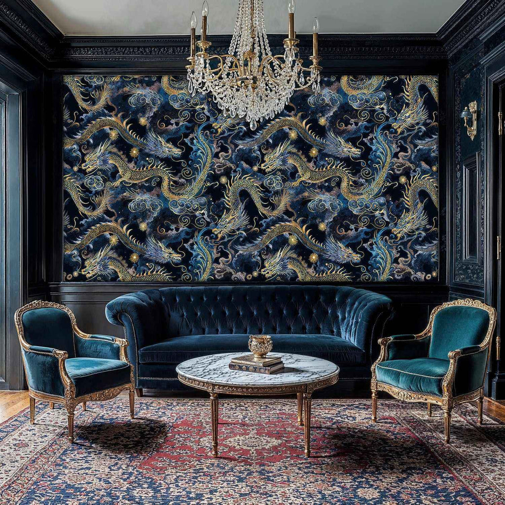Celestial Dragons in Midnight Clouds Wall Mural