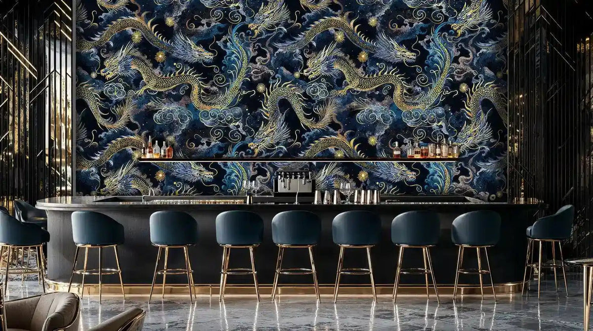Celestial Dragons in Midnight Clouds Wall Mural