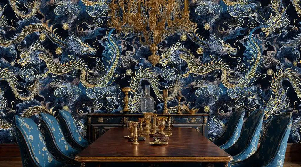Celestial Dragons in Midnight Clouds Wall Mural