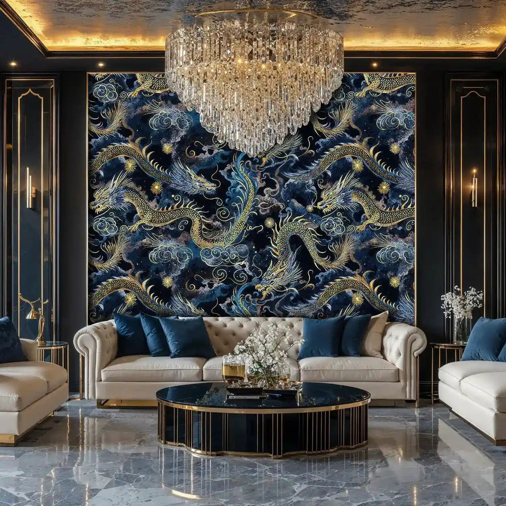 Celestial Dragons in Midnight Clouds Wall Mural