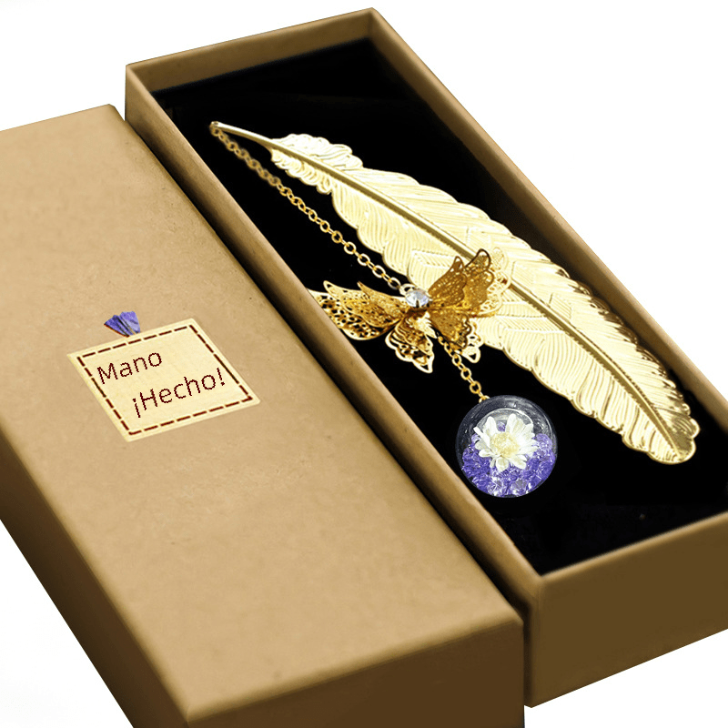 Chinese Style Metal Feather Bookmark with Preserved Flowers