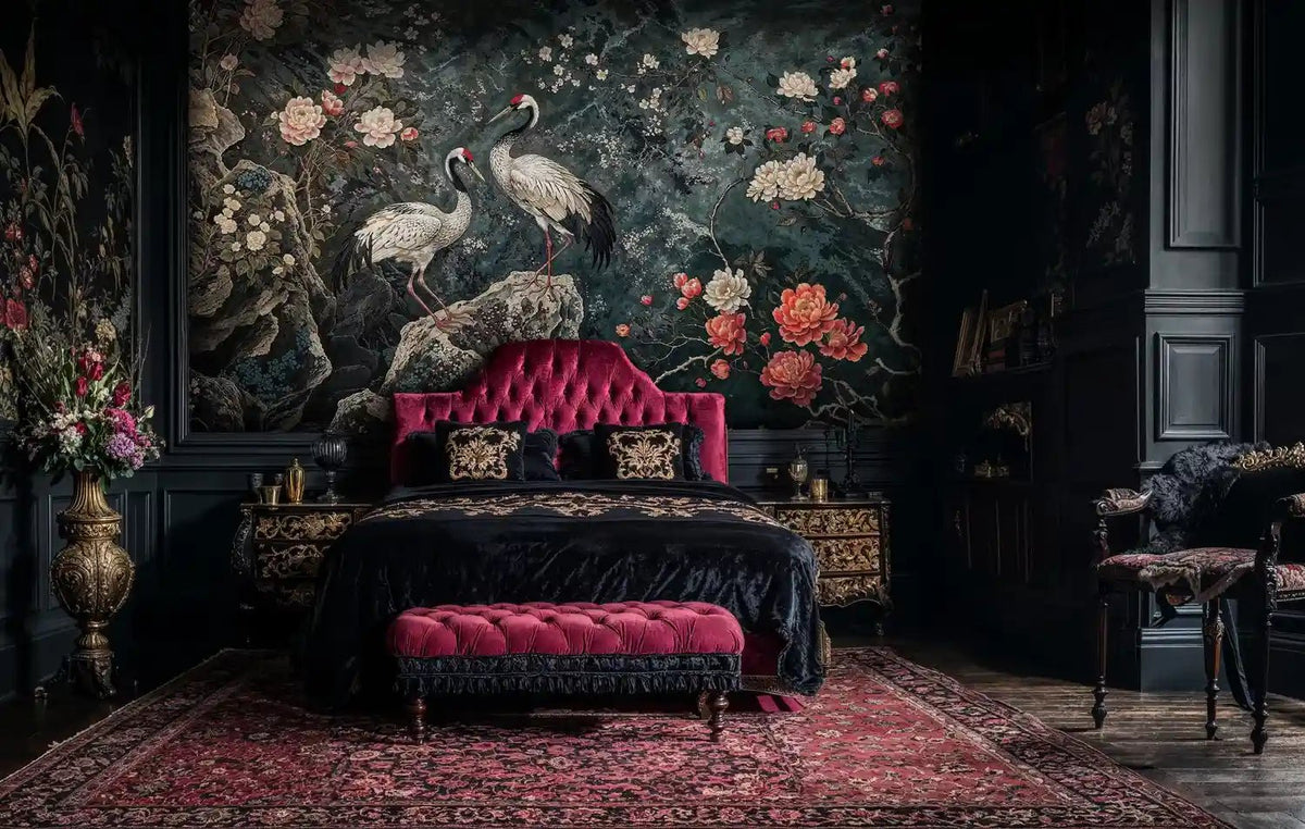 Cranes Among Peonies Wall Mural