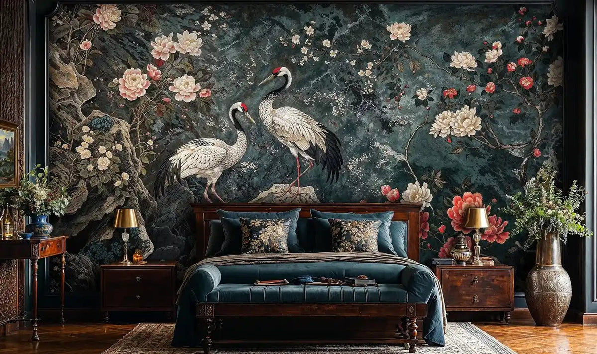 Cranes Among Peonies Wall Mural
