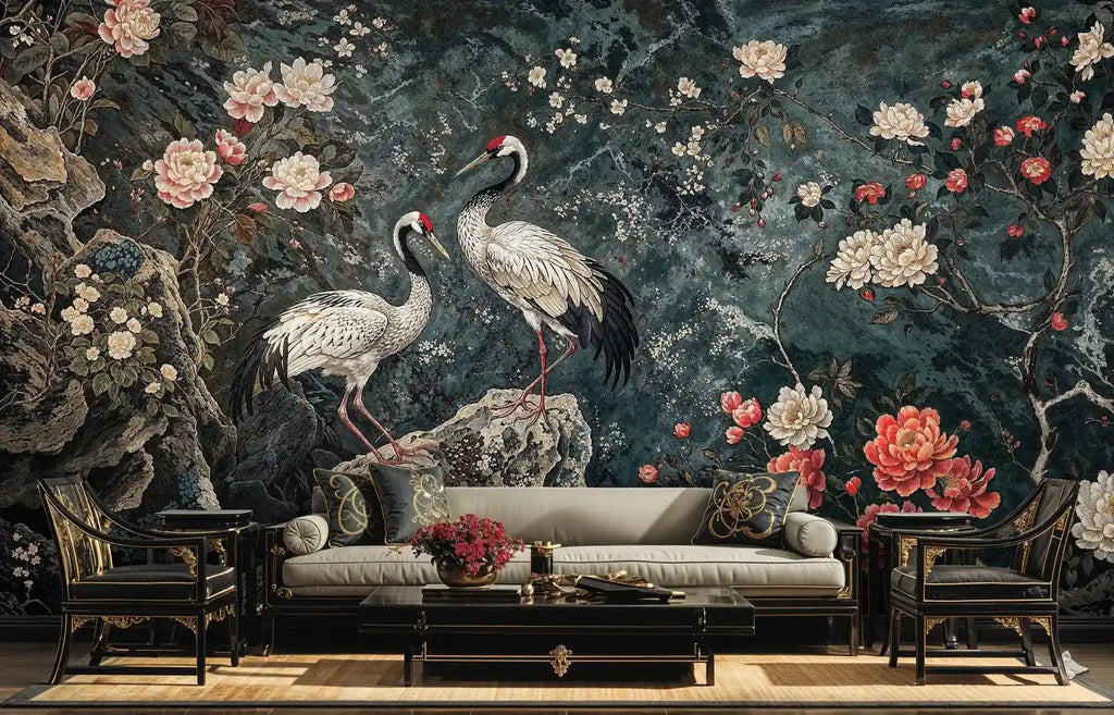 Cranes Among Peonies Wall Mural
