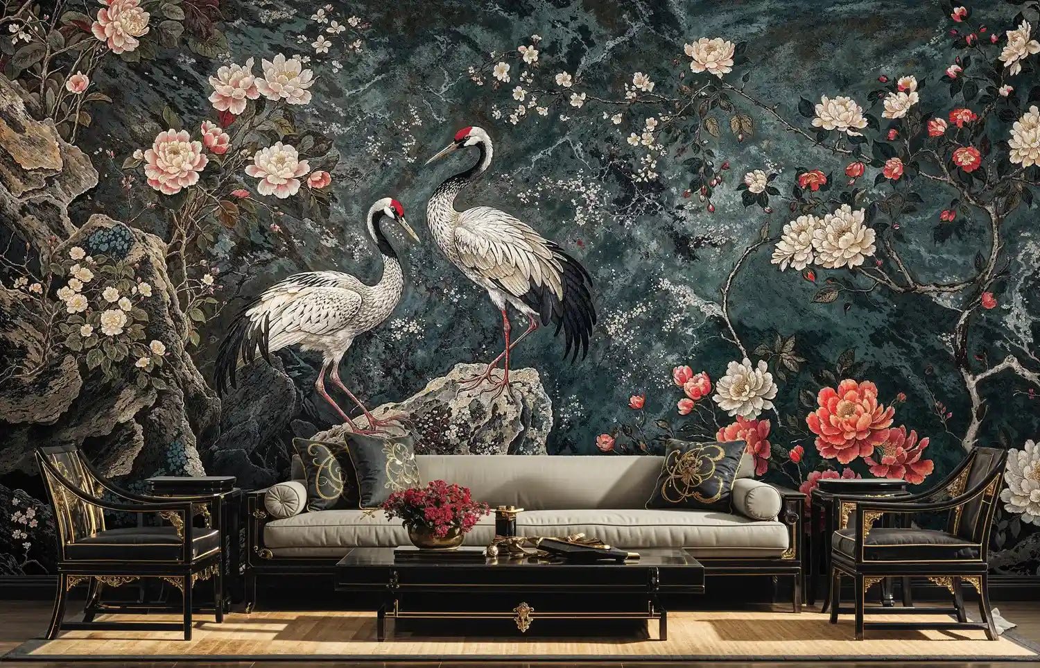 Cranes Among Peonies Wall Mural
