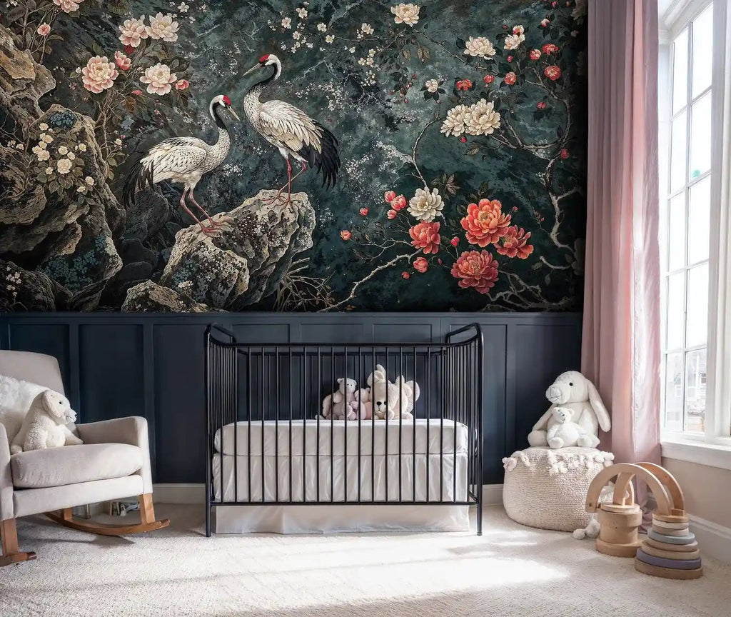 Cranes Among Peonies Wall Mural
