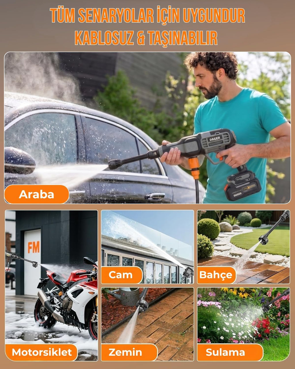 Dager AQUA FORCE 21V Kömürsüz Şarjlı Yüksek Basınçlı Yıkama Makinesi Seti | Çift 4.0 Ah Akü + Köpük Haznesi + Mikrofiber Havlu | 70 Bar