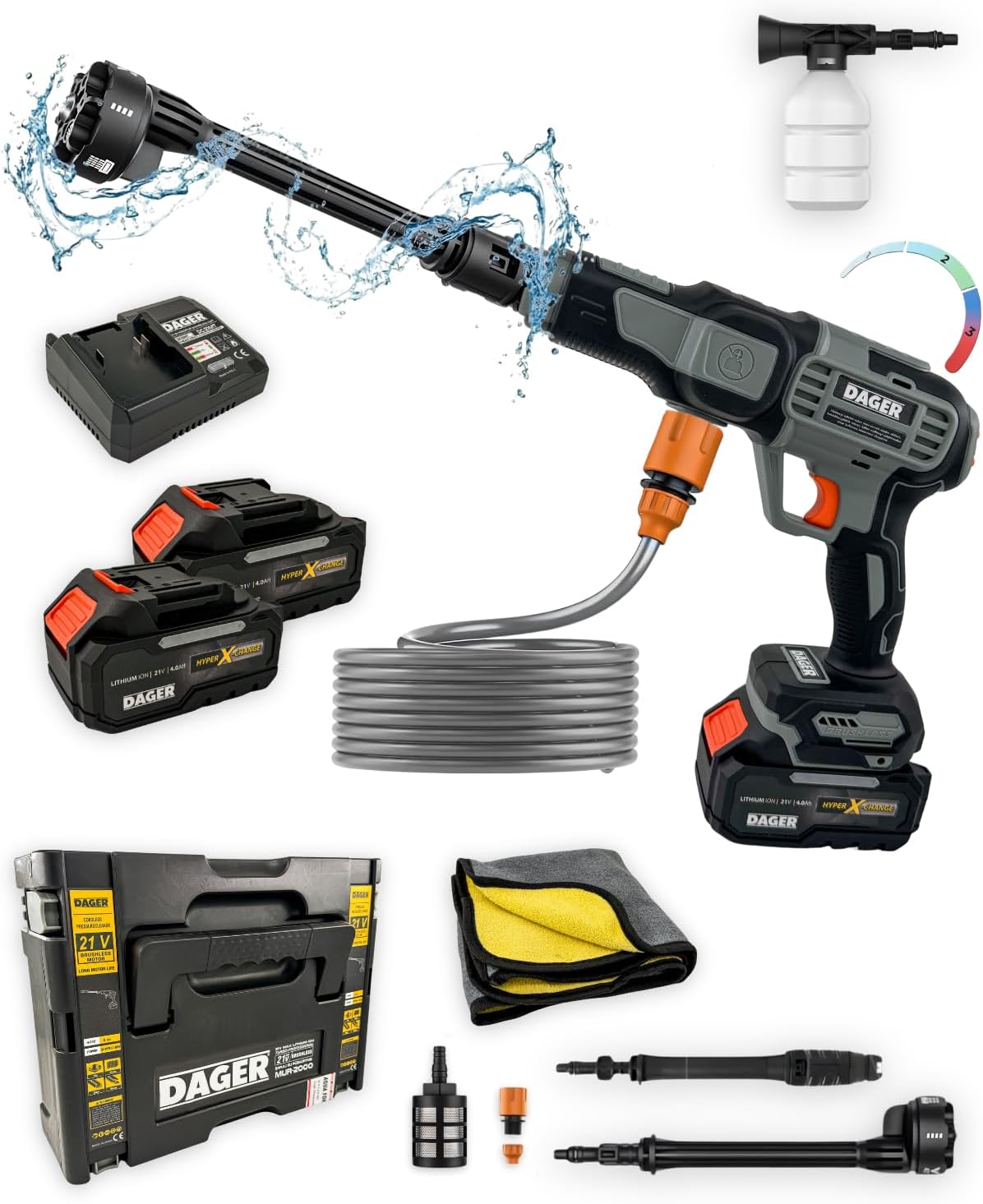 Dager AQUA FORCE 21V Kömürsüz Şarjlı Yüksek Basınçlı Yıkama Makinesi Seti | Çift 4.0 Ah Akü + Köpük Haznesi + Mikrofiber Havlu | 70 Bar