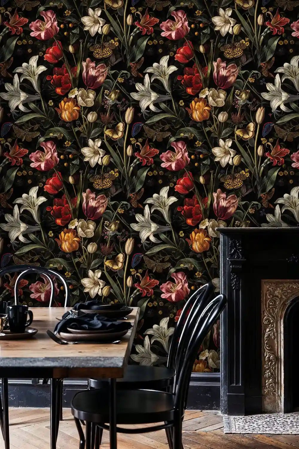 Dark Botanical Tulips and Butterflies Wallpaper