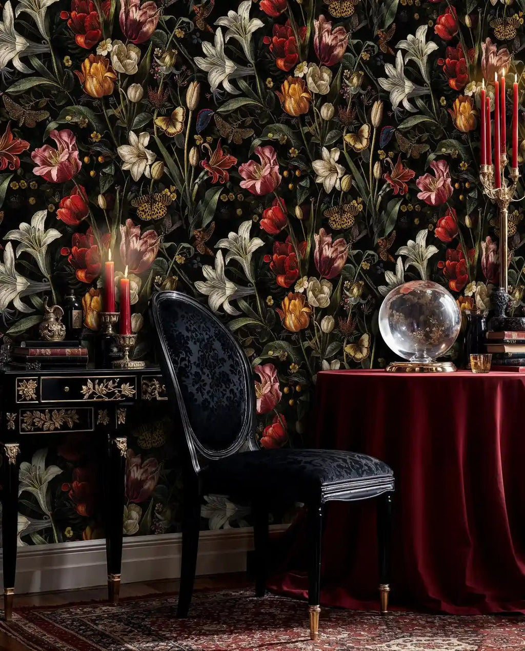 Dark Botanical Tulips and Butterflies Wallpaper
