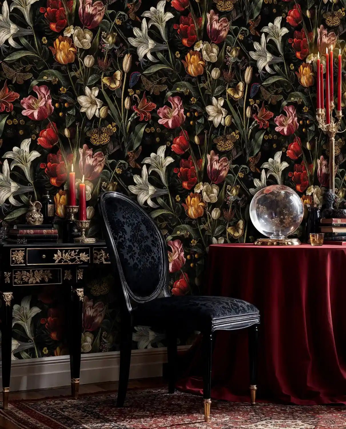 Dark Botanical Tulips and Butterflies Wallpaper