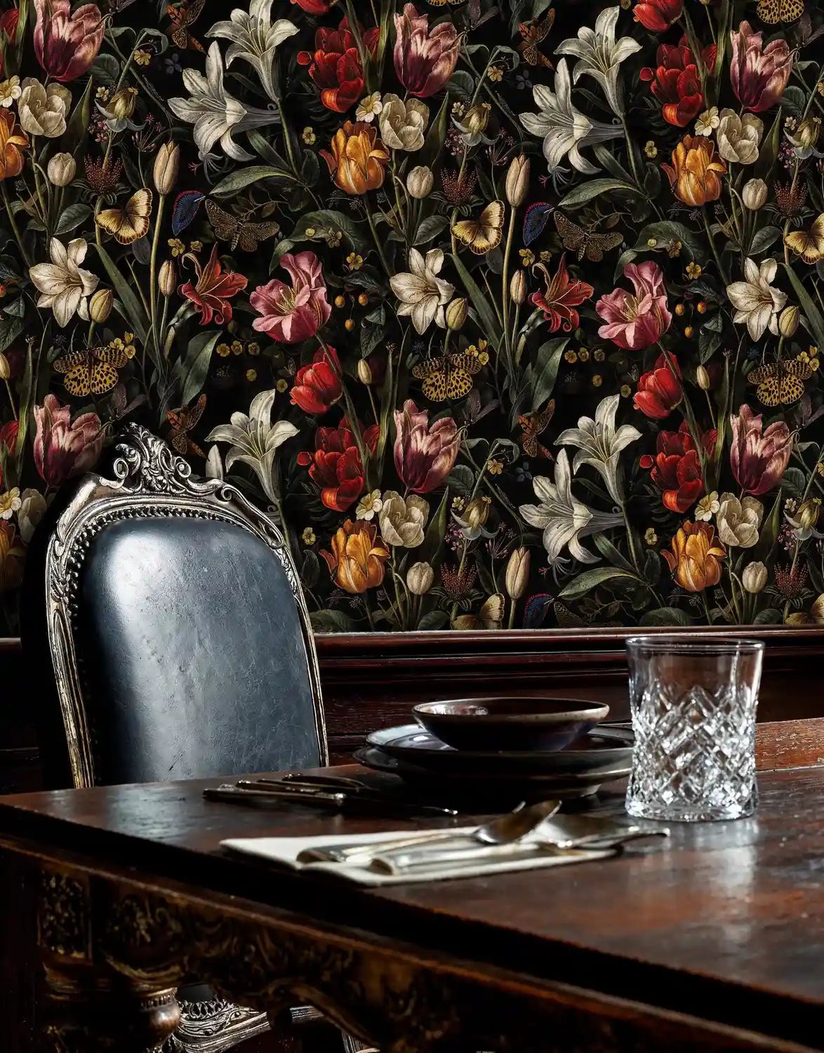 Dark Botanical Tulips and Butterflies Wallpaper