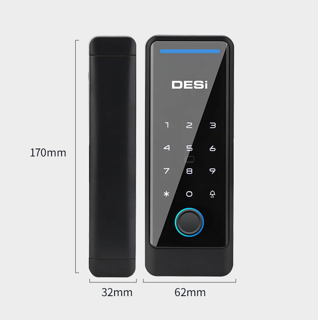 Desi QuiC Q006 Akıllı Kilit Cam Kapılar İçin, Parmak İzi, Şifre, Kart Okuyucu, iOS/Android Uyumlu, Siyah