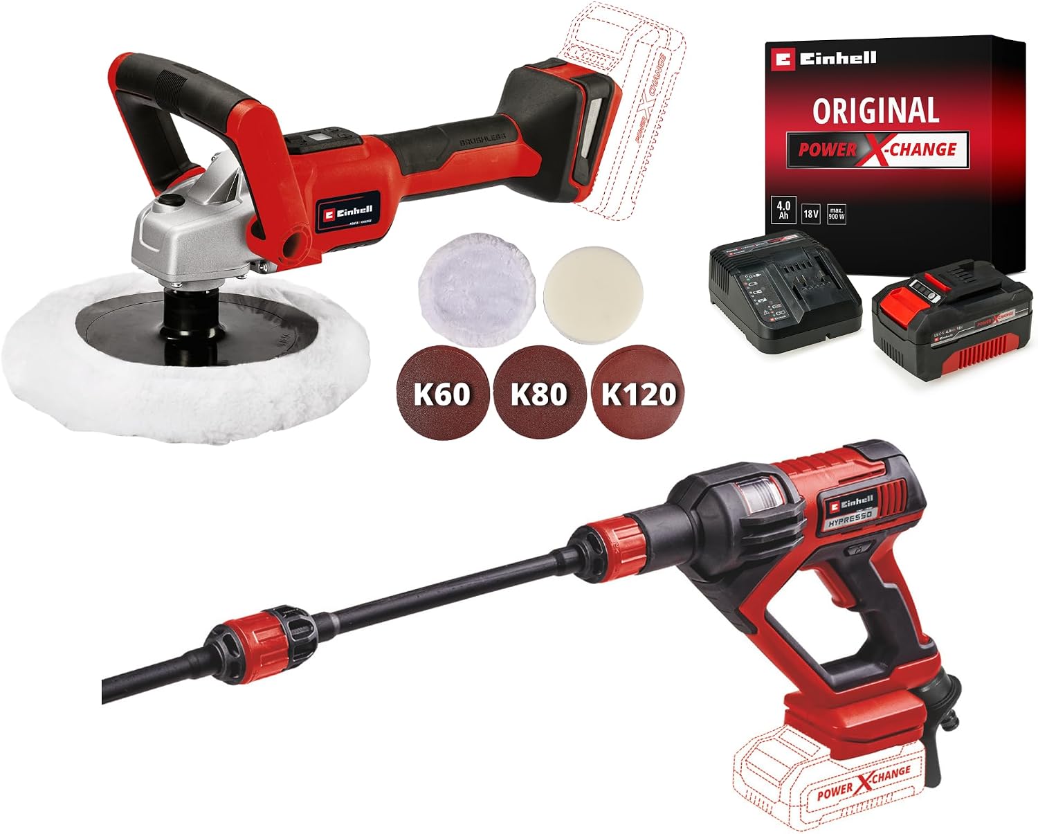 Einhell HYPRESSO 18/24-1 + CE-CP 18/180 Li E Akülü Basınçlı Yıkama Tabancası ve Polisaj Makinesi Seti (4,0 Ah Akü ve Şarj Cihazı Dahildir)