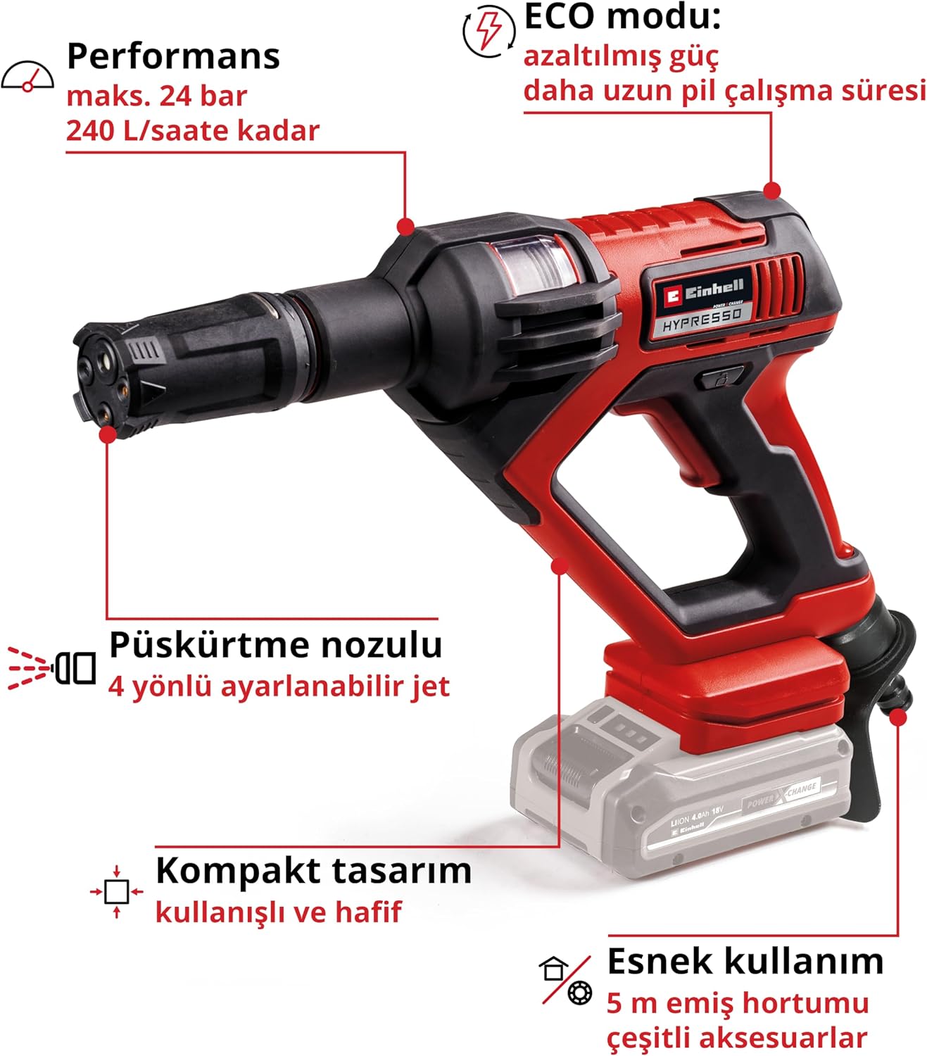 Einhell HYPRESSO 18/24-1 + CE-CP 18/180 Li E Akülü Basınçlı Yıkama Tabancası ve Polisaj Makinesi Seti (4,0 Ah Akü ve Şarj Cihazı Dahildir)
