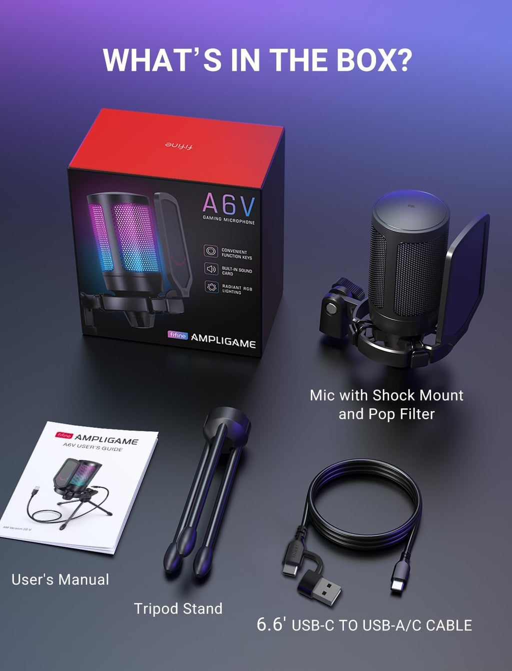 Fifine Ampligame A6V Yayıncı - Oyuncu - Gamer - Podcast - Youtuber RGB USB Mikrofon (Mavi)