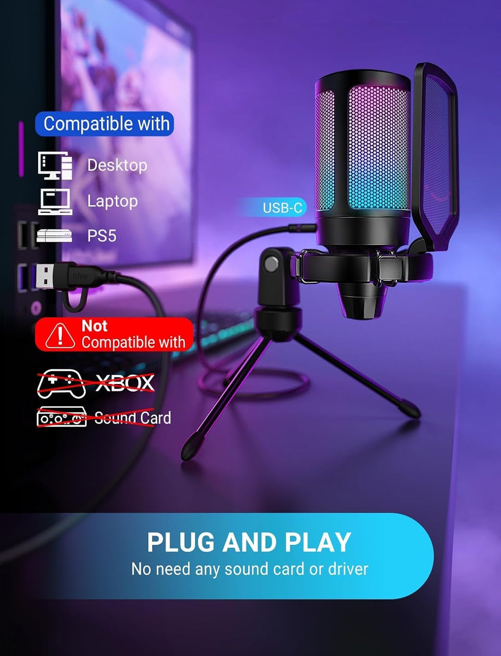 Fifine Ampligame A6V Yayıncı - Oyuncu - Gamer - Podcast - Youtuber RGB USB Mikrofon (Mavi)