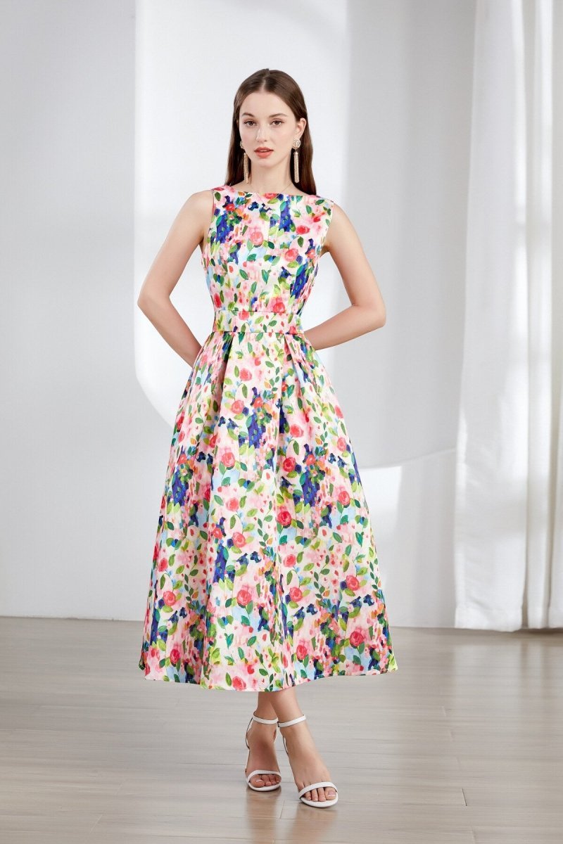 Floral Sleeveless Boatneck Flared A Line Midi Dress